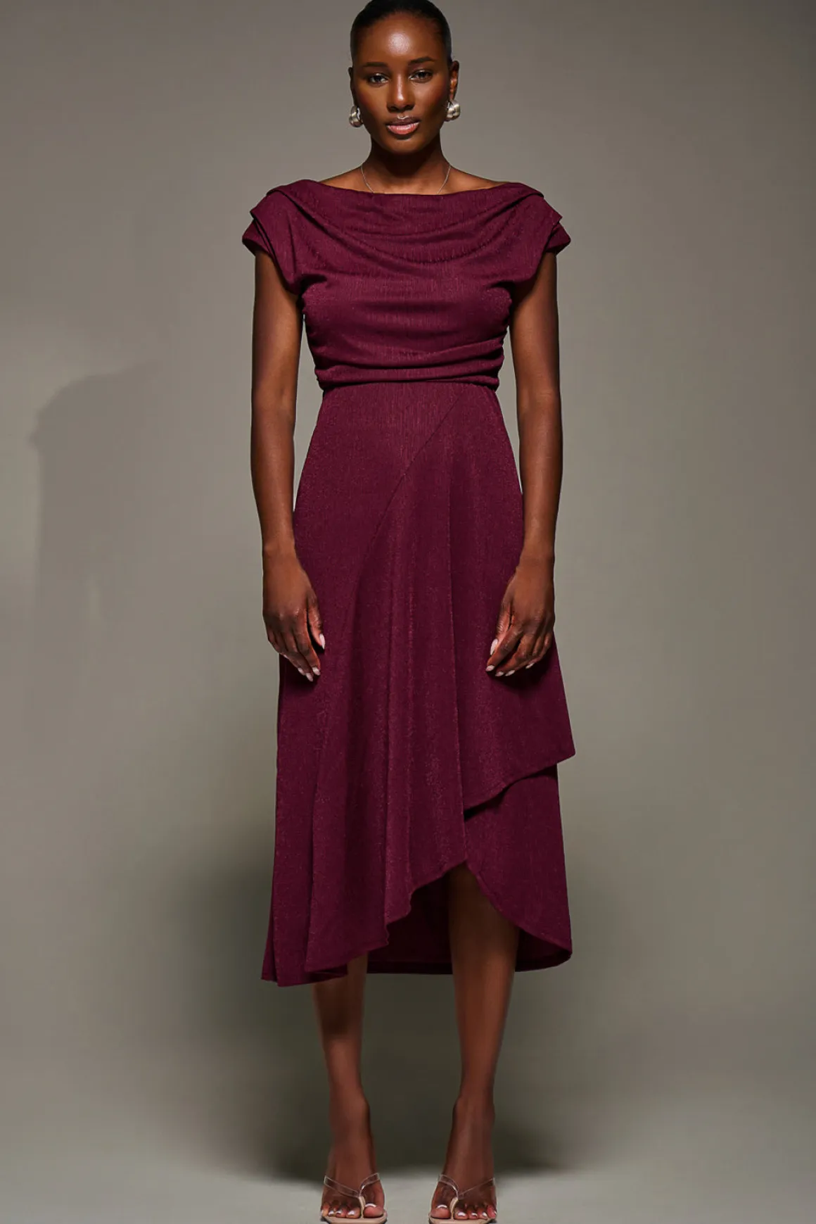 Draped Jersey Cowl Neck Midi Dress, Burgundy