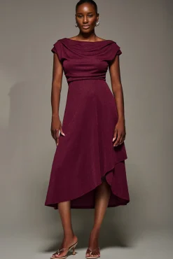 Draped Jersey Cowl Neck Midi Dress, Burgundy