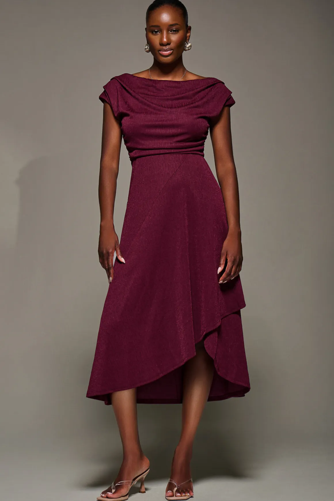 Draped Jersey Cowl Neck Midi Dress, Burgundy