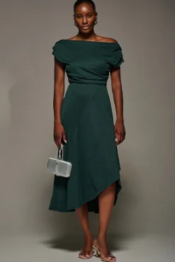 Draped Jersey Cowl Neck Midi Dress, Dark Green