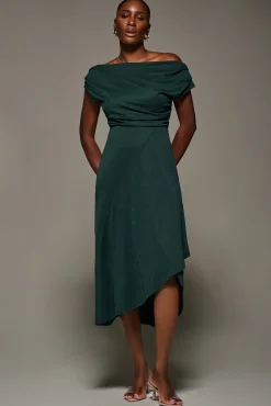 Draped Jersey Cowl Neck Midi Dress, Dark Green