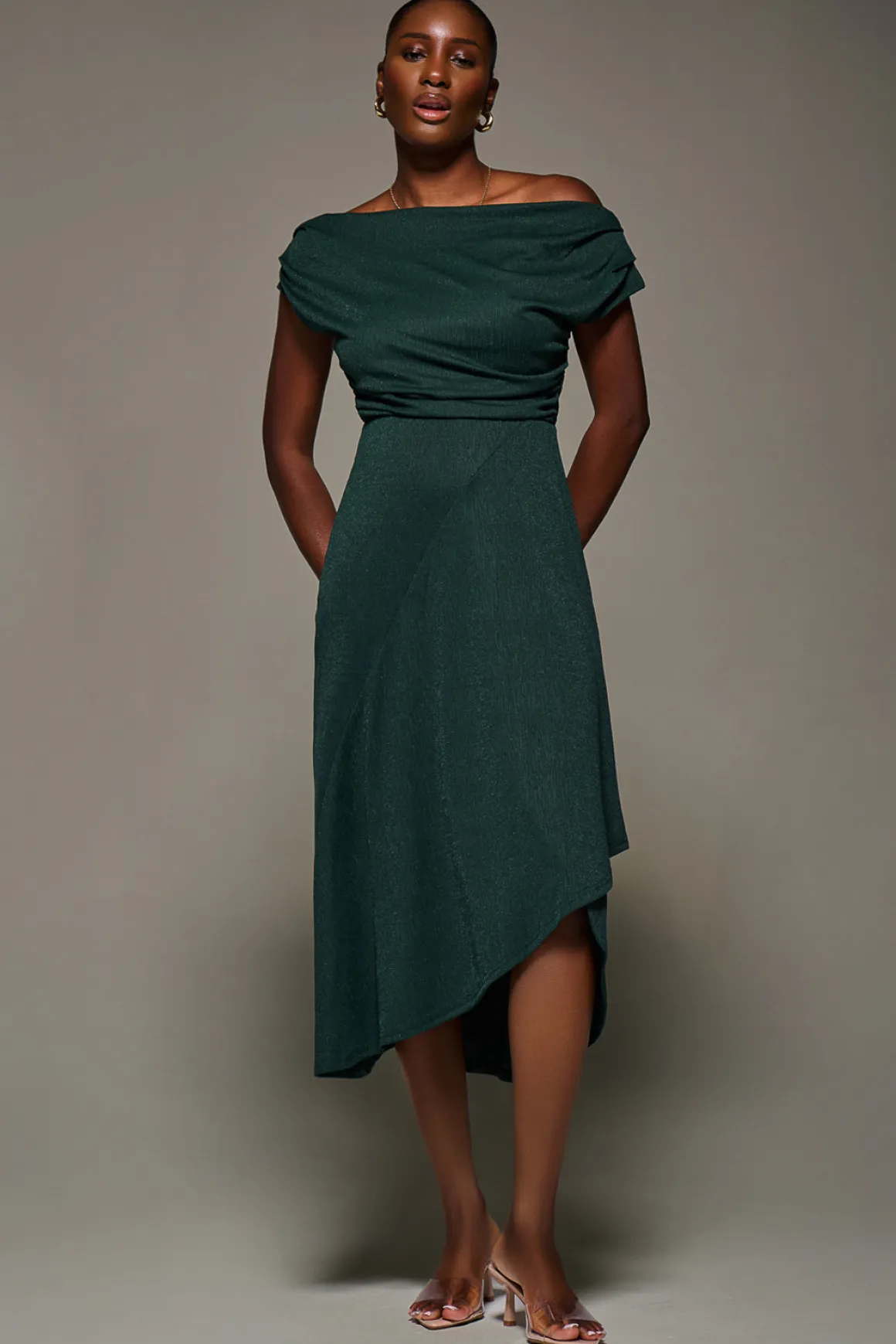Draped Jersey Cowl Neck Midi Dress, Dark Green