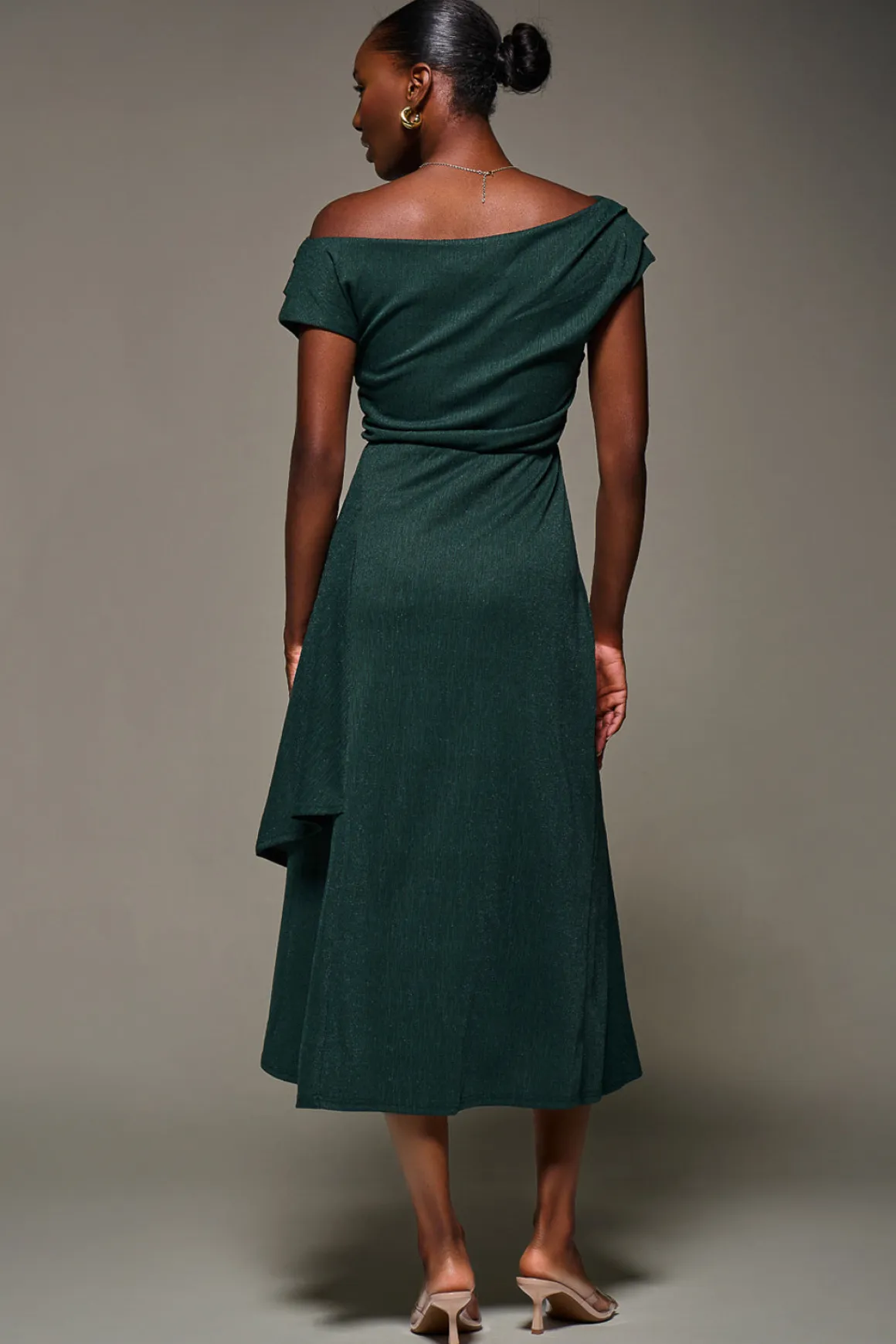 Draped Jersey Cowl Neck Midi Dress, Dark Green