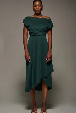 Draped Jersey Cowl Neck Midi Dress, Dark Green