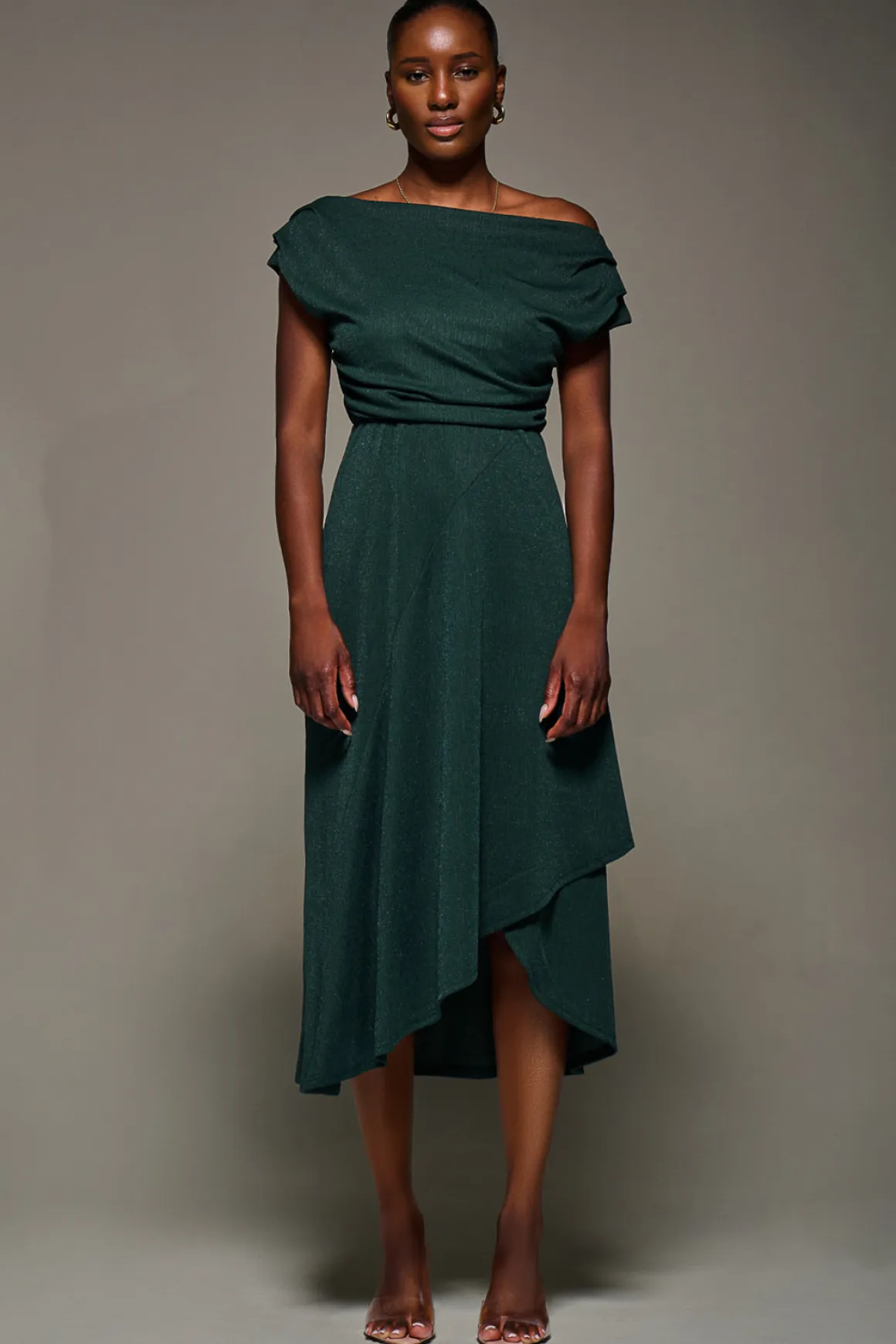 Draped Jersey Cowl Neck Midi Dress, Dark Green
