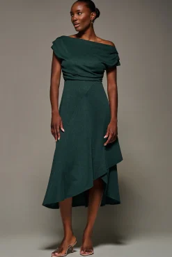 Draped Jersey Cowl Neck Midi Dress, Dark Green