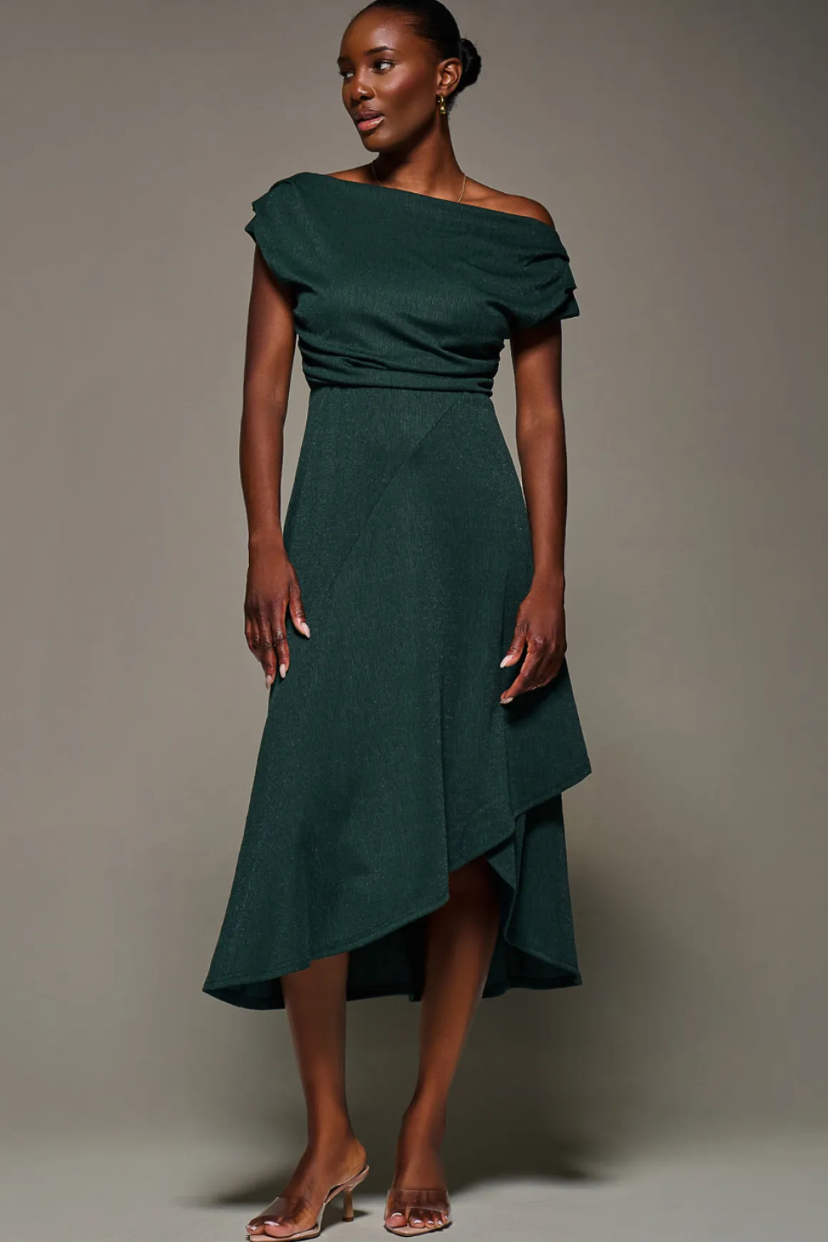 Draped Jersey Cowl Neck Midi Dress, Dark Green
