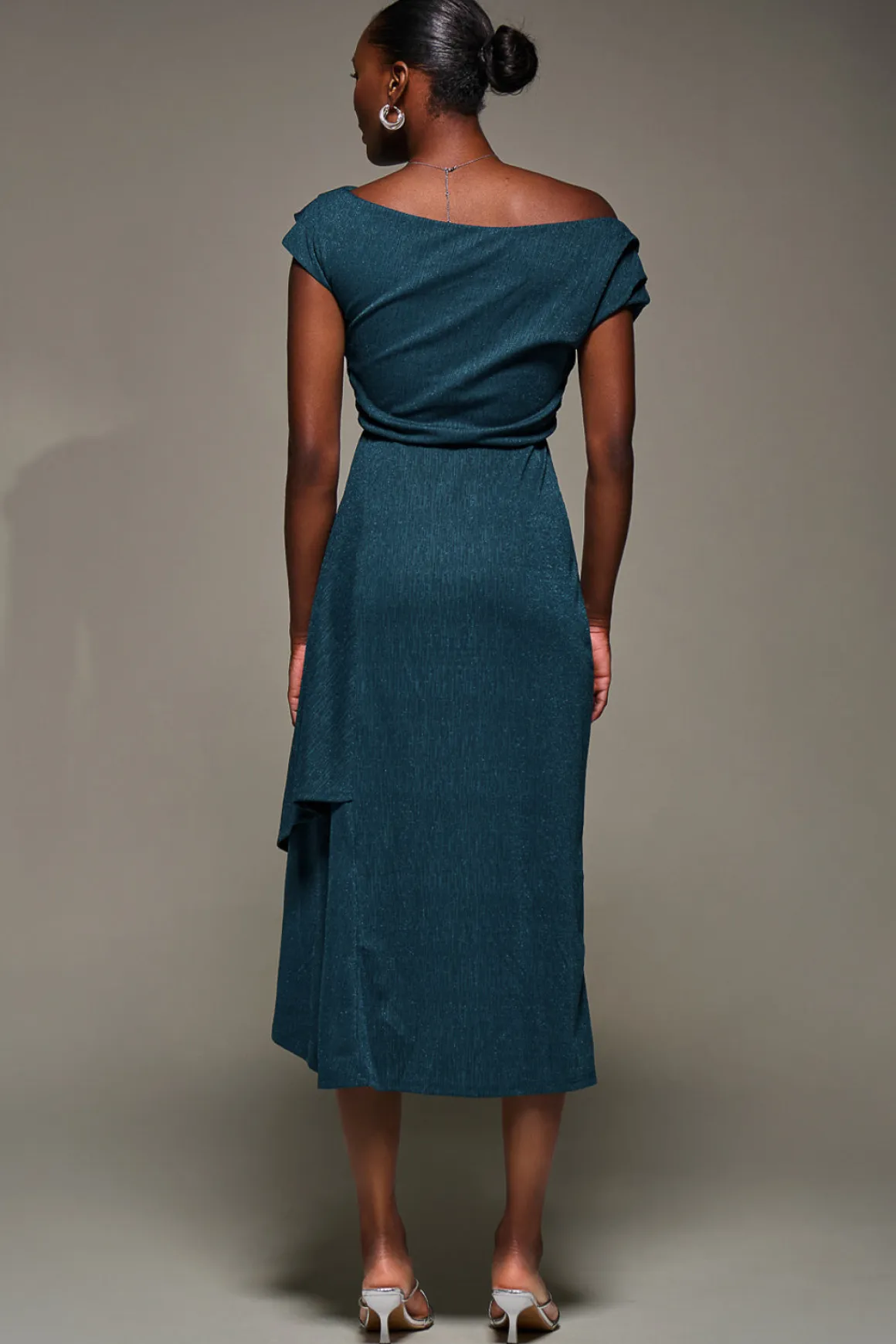 Draped Jersey Cowl Neck Midi Dress, Dark Teal