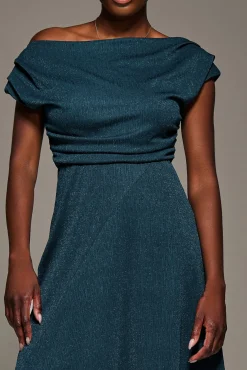 Draped Jersey Cowl Neck Midi Dress, Dark Teal