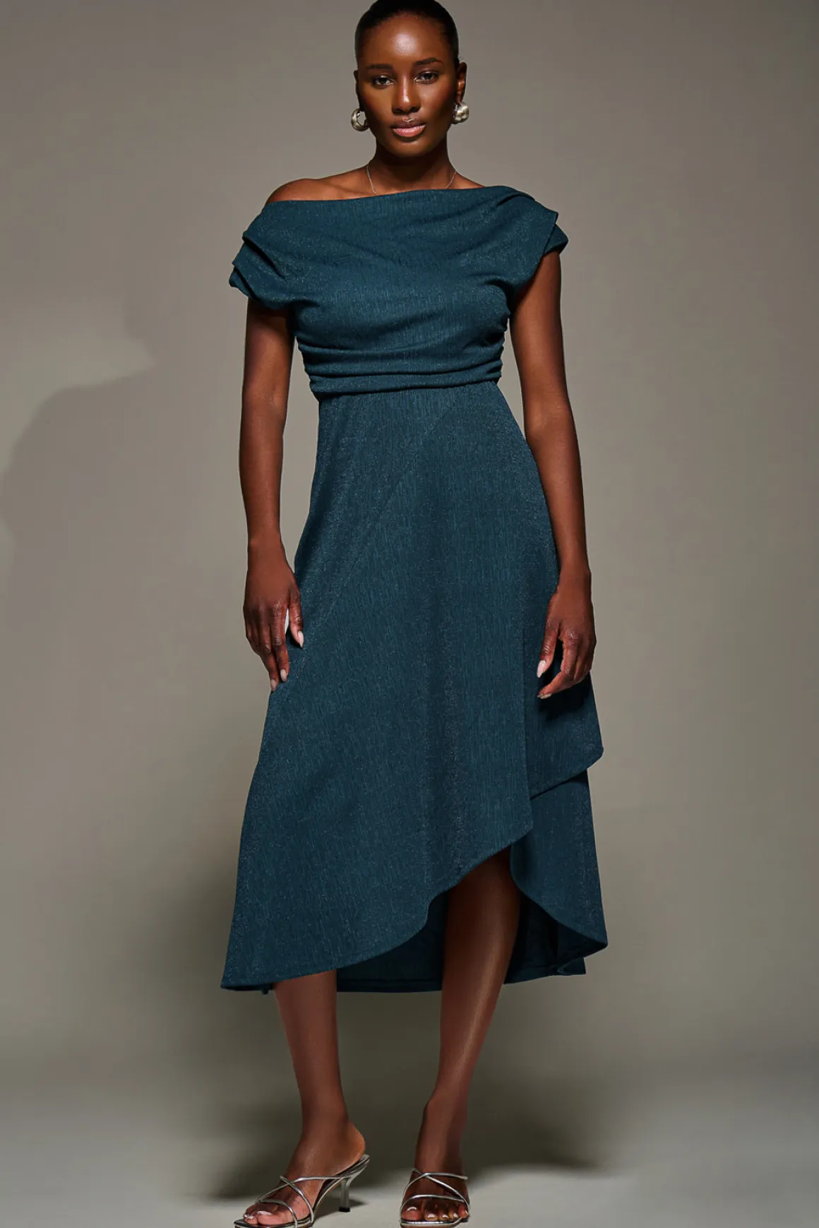 Draped Jersey Cowl Neck Midi Dress, Dark Teal