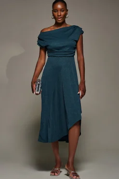 Draped Jersey Cowl Neck Midi Dress, Dark Teal
