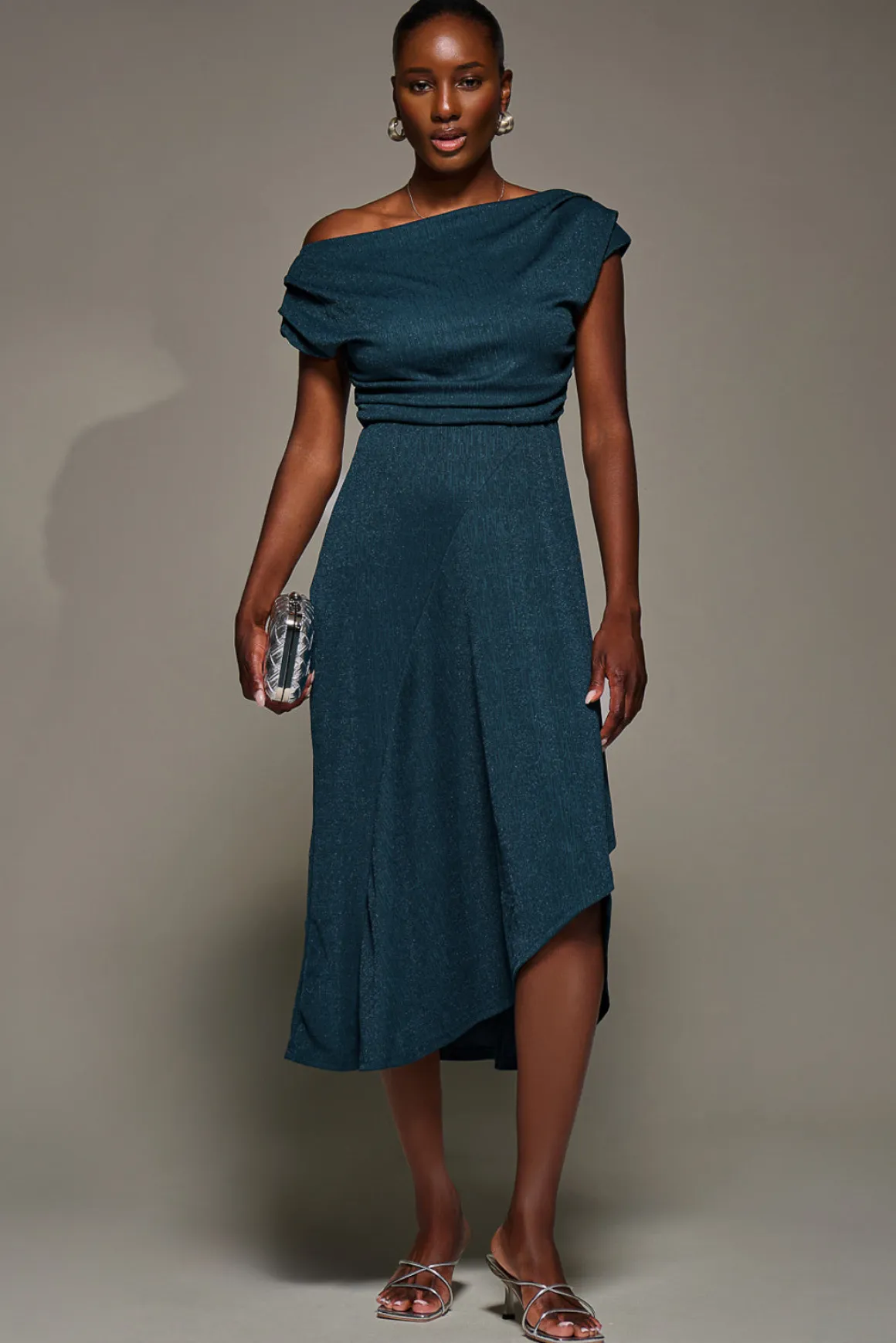 Draped Jersey Cowl Neck Midi Dress, Dark Teal