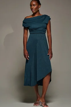 Draped Jersey Cowl Neck Midi Dress, Dark Teal