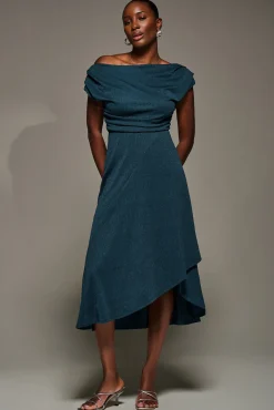 Draped Jersey Cowl Neck Midi Dress, Dark Teal