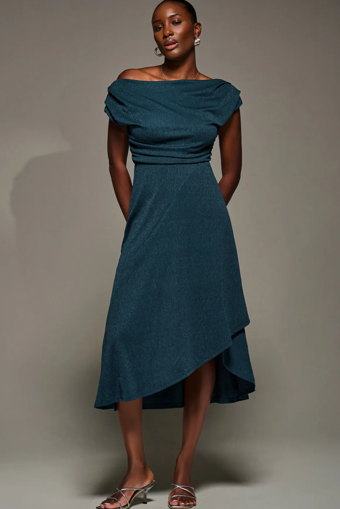 Draped Jersey Cowl Neck Midi Dress, Dark Teal