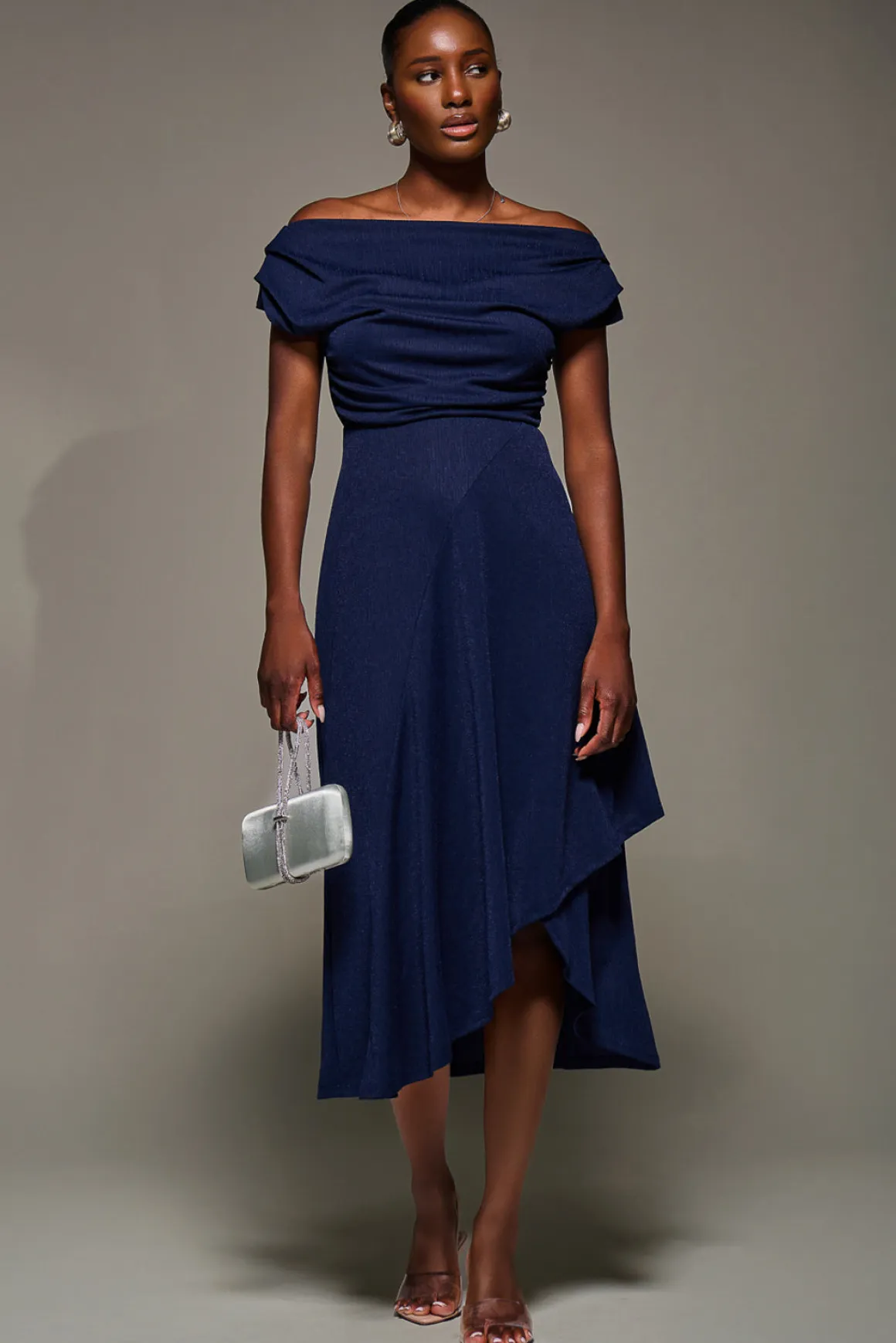 Draped Jersey Cowl Neck Midi Dress, Navy