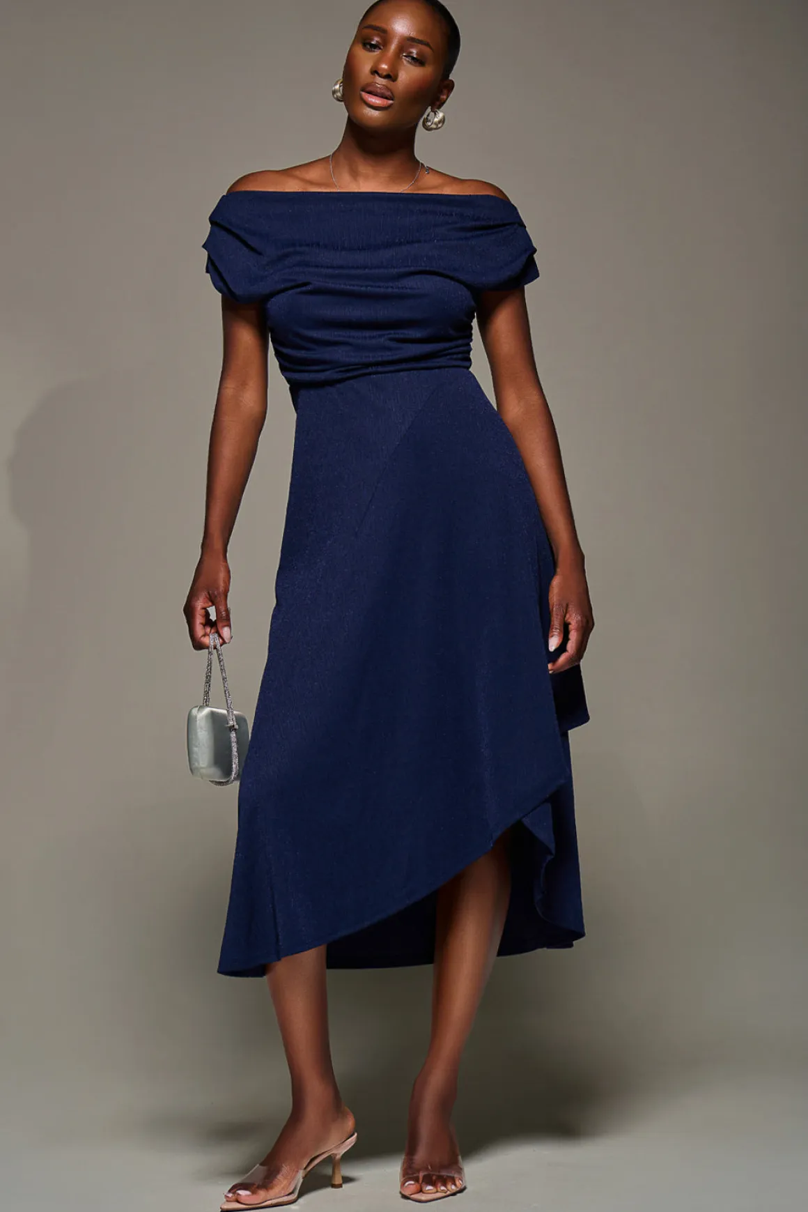 Draped Jersey Cowl Neck Midi Dress, Navy