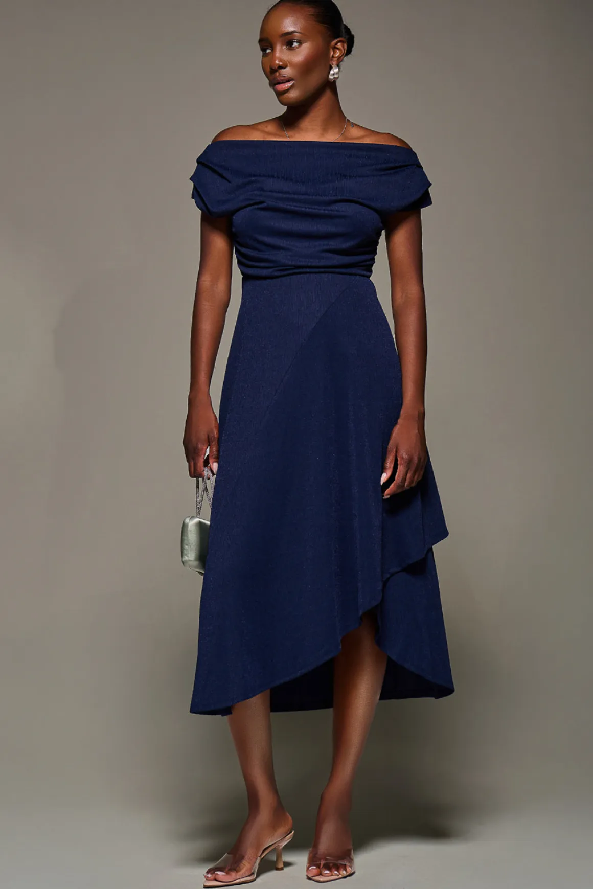 Draped Jersey Cowl Neck Midi Dress, Navy