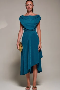 Draped Jersey Cowl Neck Midi Dress, Teal Blue