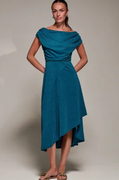 Draped Jersey Cowl Neck Midi Dress, Teal Blue