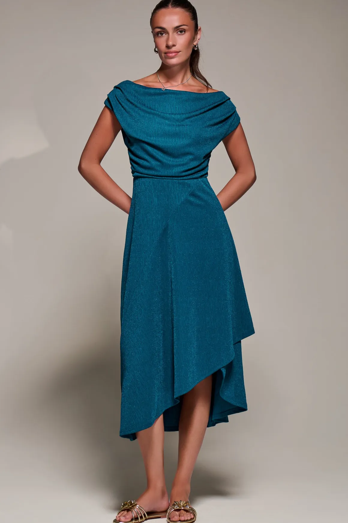 Draped Jersey Cowl Neck Midi Dress, Teal Blue