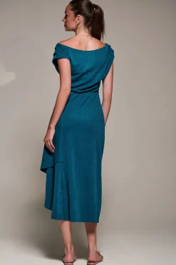 Draped Jersey Cowl Neck Midi Dress, Teal Blue