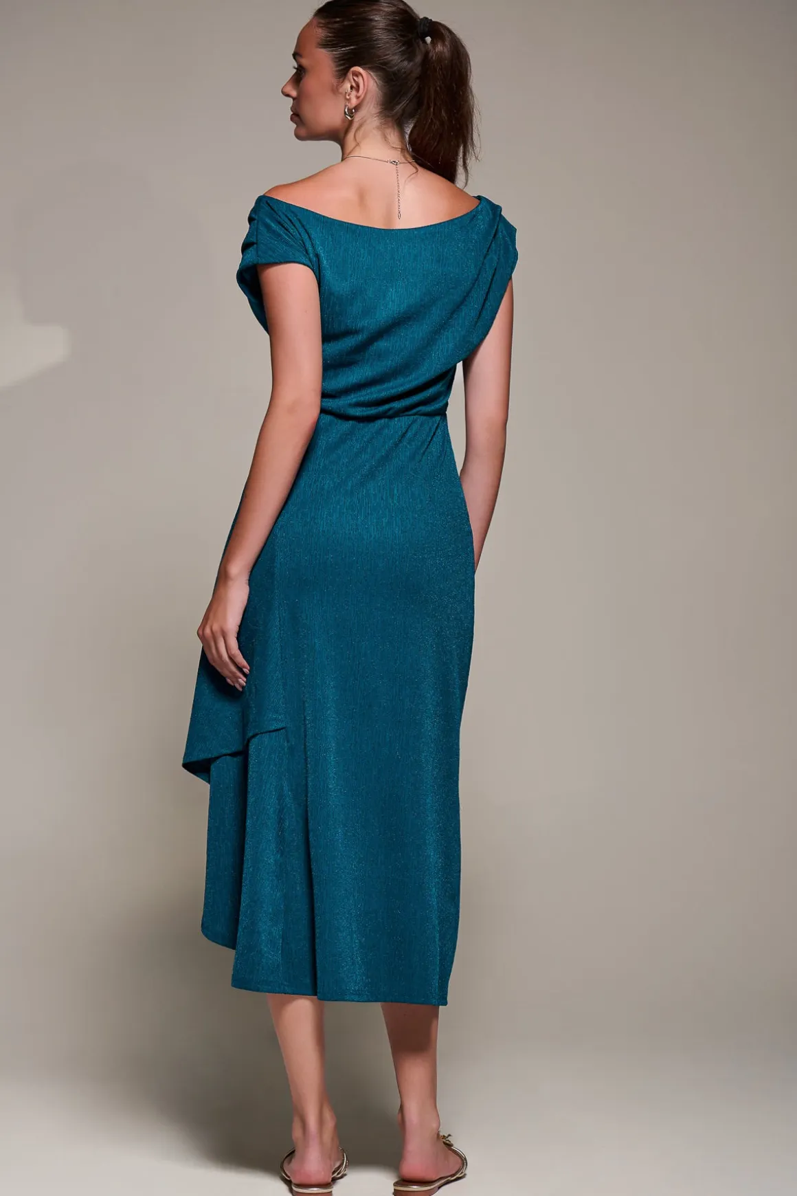 Draped Jersey Cowl Neck Midi Dress, Teal Blue