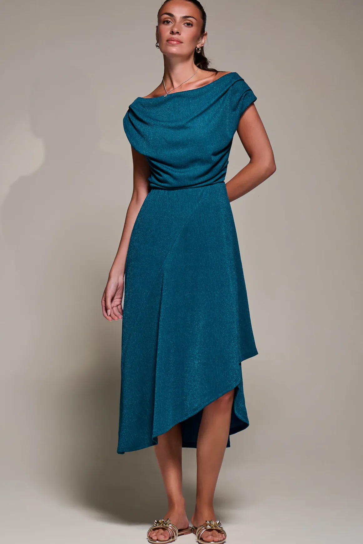 Draped Jersey Cowl Neck Midi Dress, Teal Blue