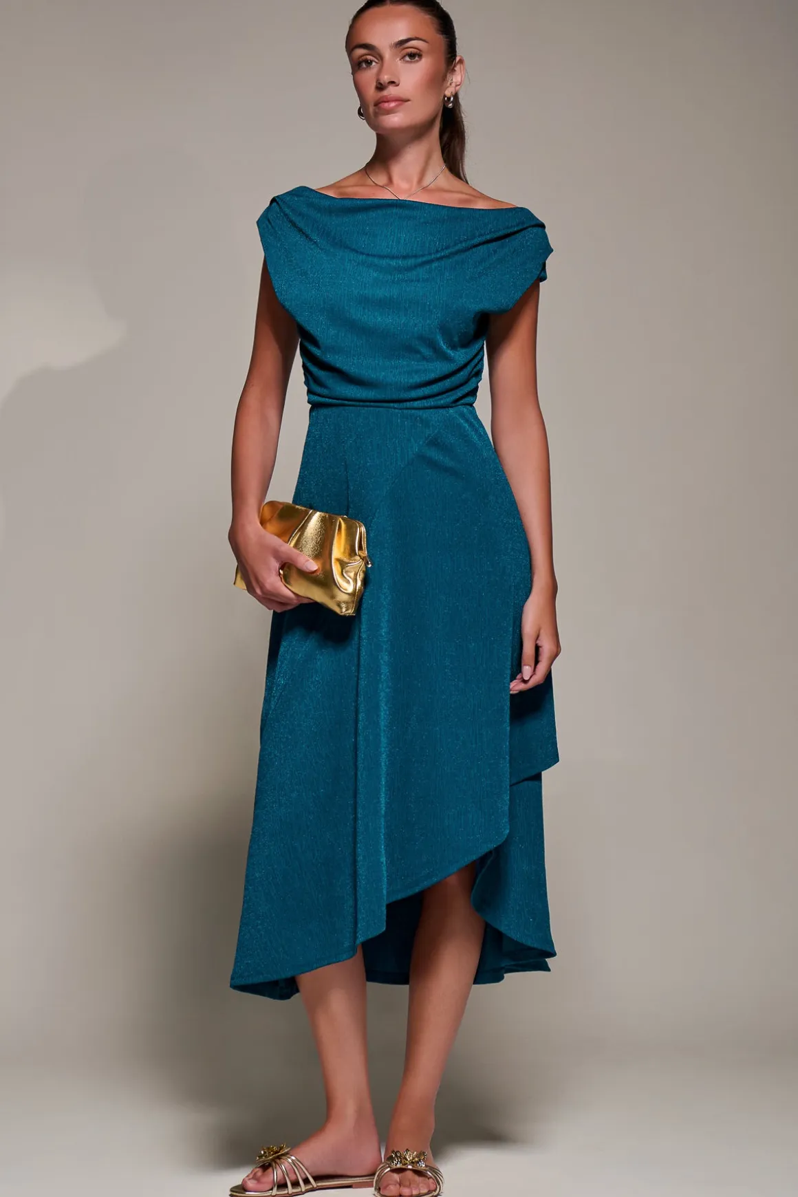 Draped Jersey Cowl Neck Midi Dress, Teal Blue