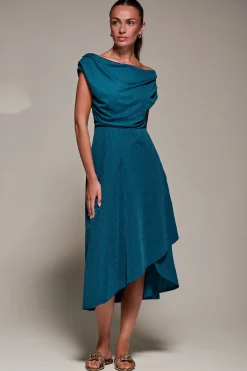 Draped Jersey Cowl Neck Midi Dress, Teal Blue