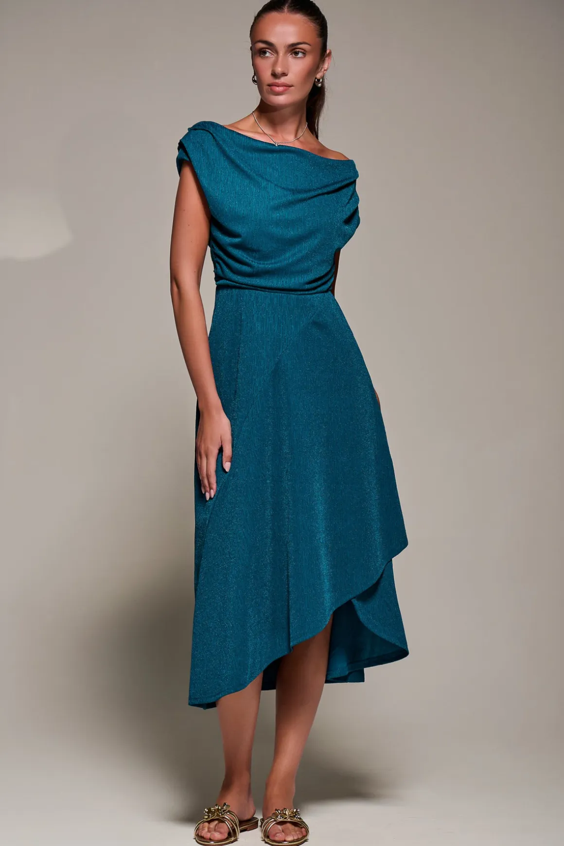 Draped Jersey Cowl Neck Midi Dress, Teal Blue