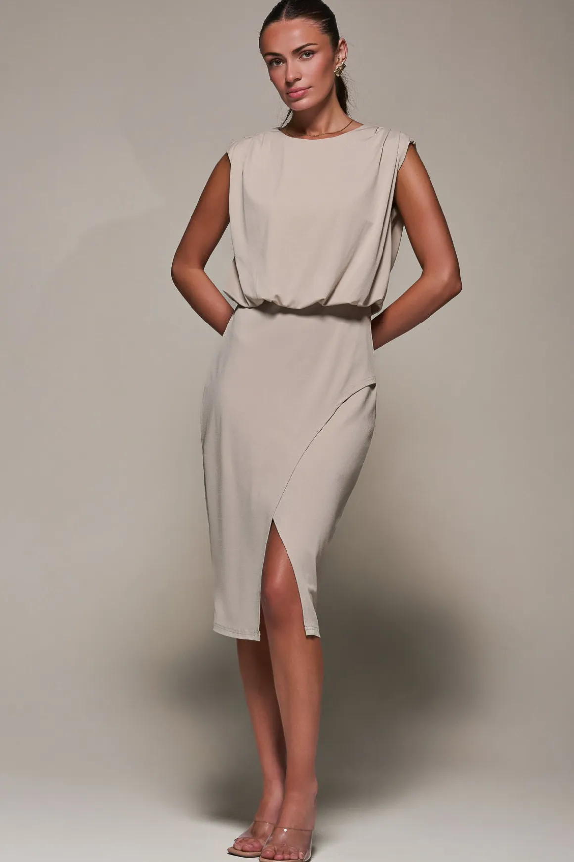 Draped Wrap Bodycon MIdi Dress, Taupe