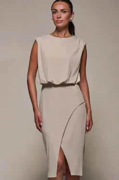 Draped Wrap Bodycon MIdi Dress, Taupe
