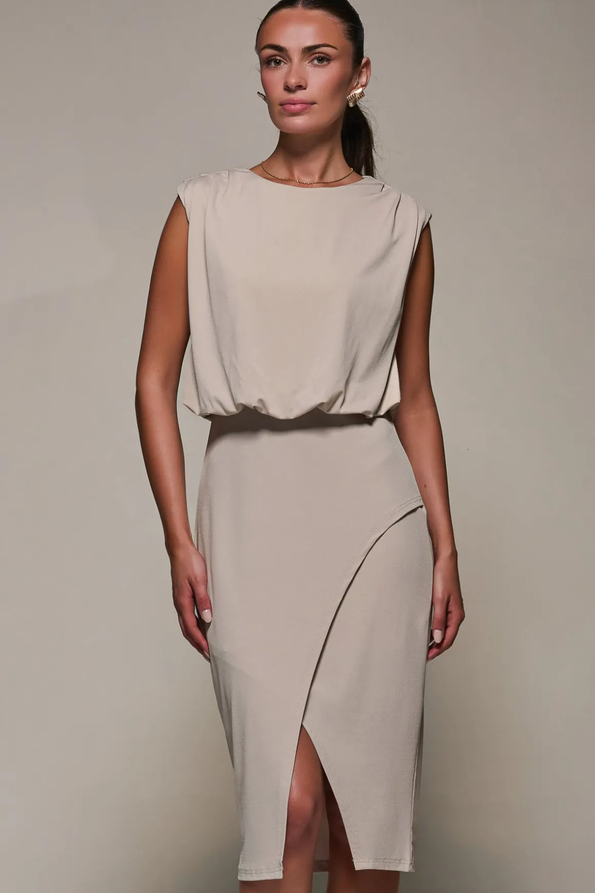 Draped Wrap Bodycon MIdi Dress, Taupe