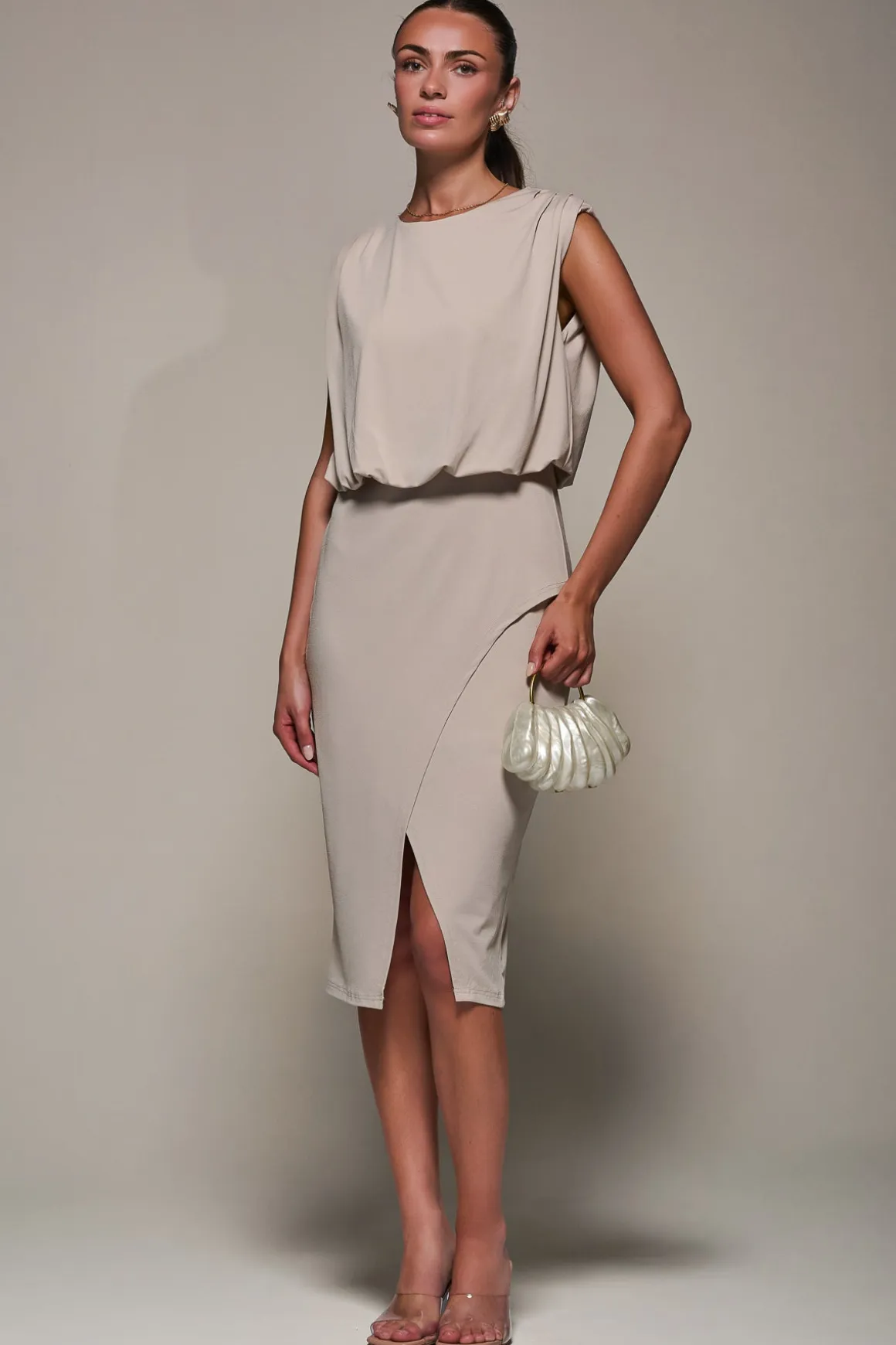 Draped Wrap Bodycon MIdi Dress, Taupe