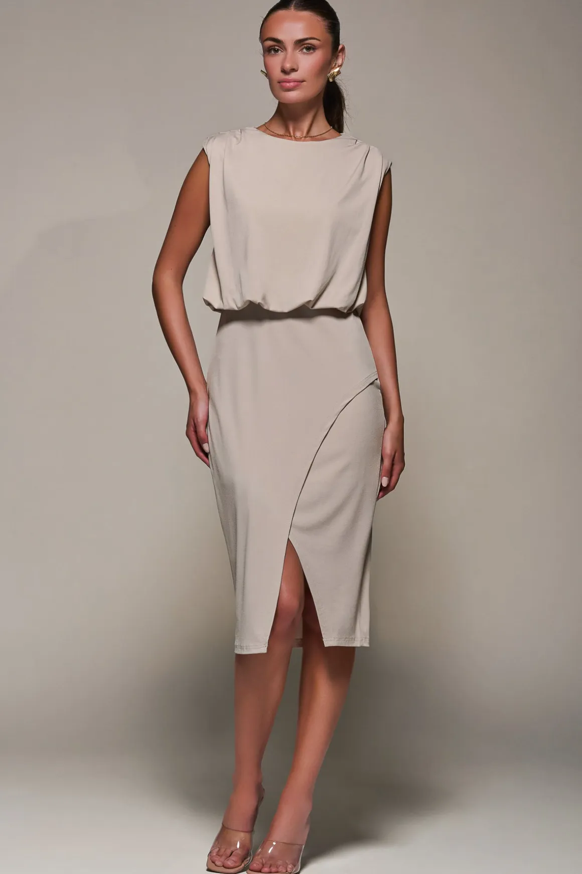 Draped Wrap Bodycon MIdi Dress, Taupe