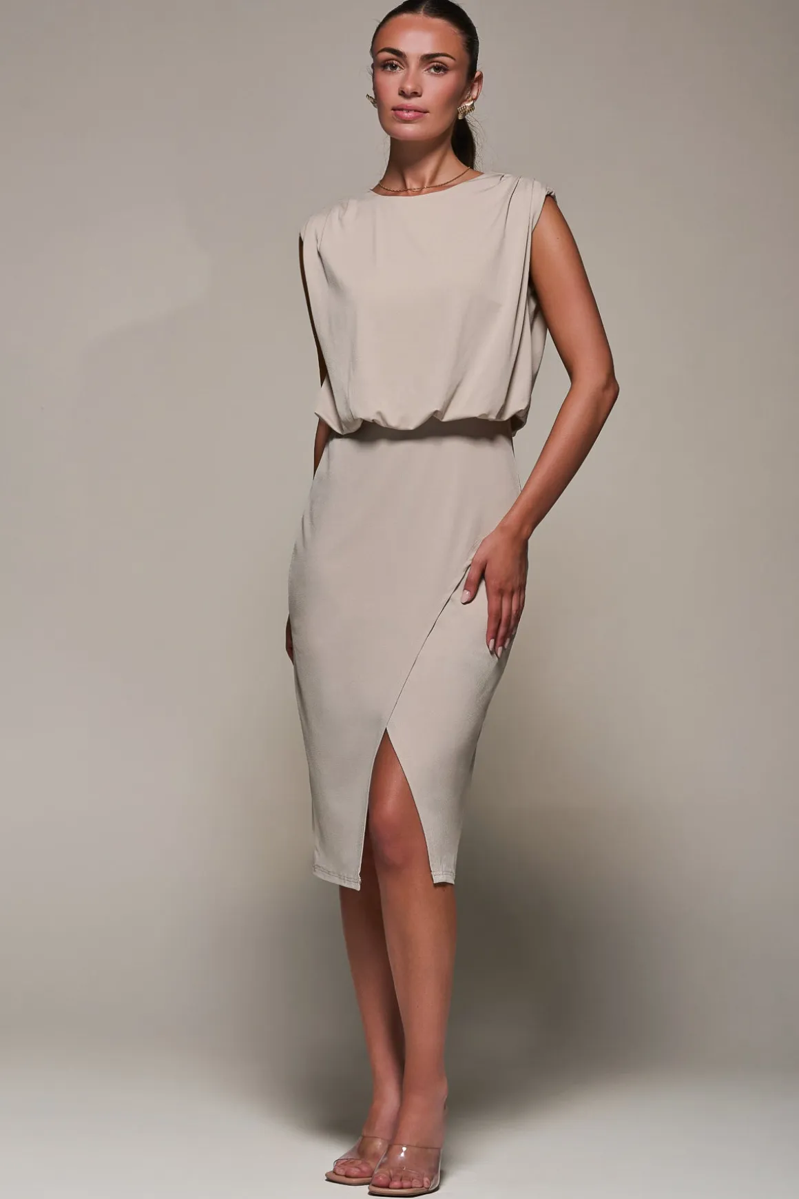 Draped Wrap Bodycon MIdi Dress, Taupe