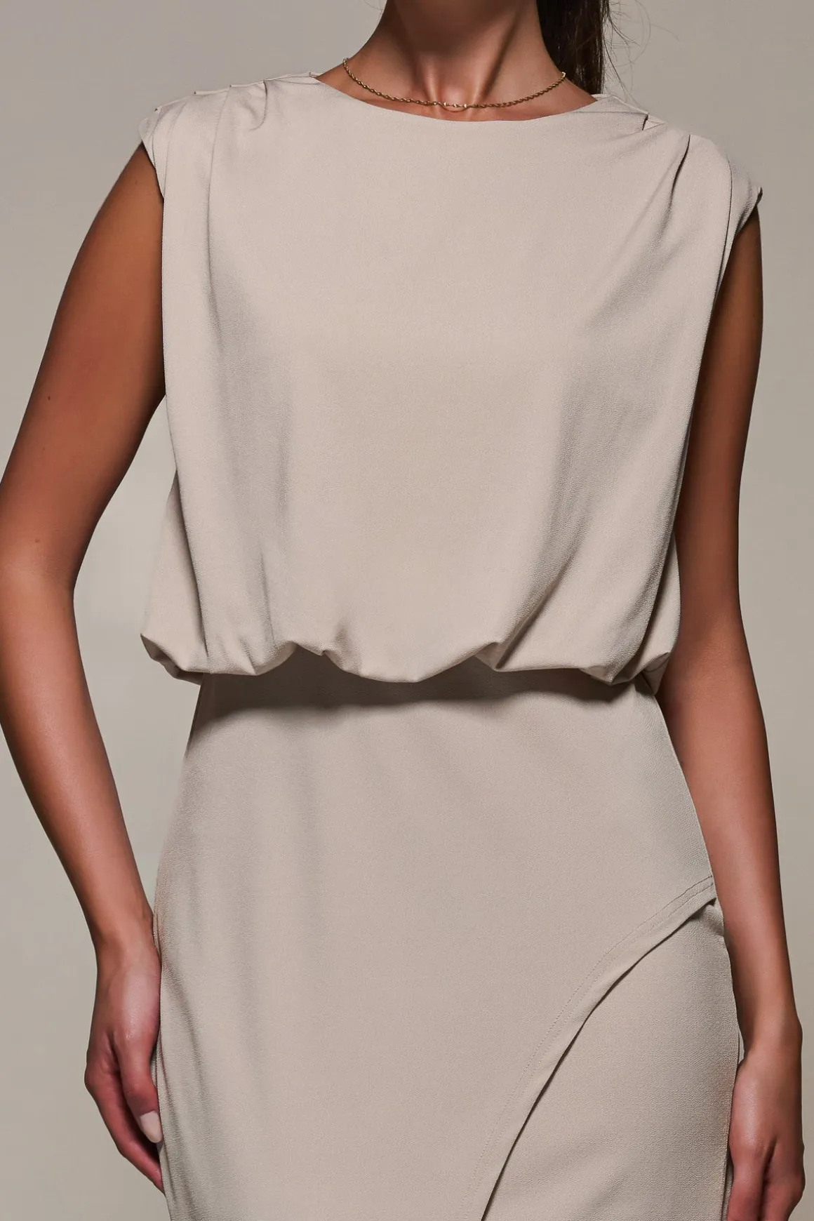 Draped Wrap Bodycon MIdi Dress, Taupe