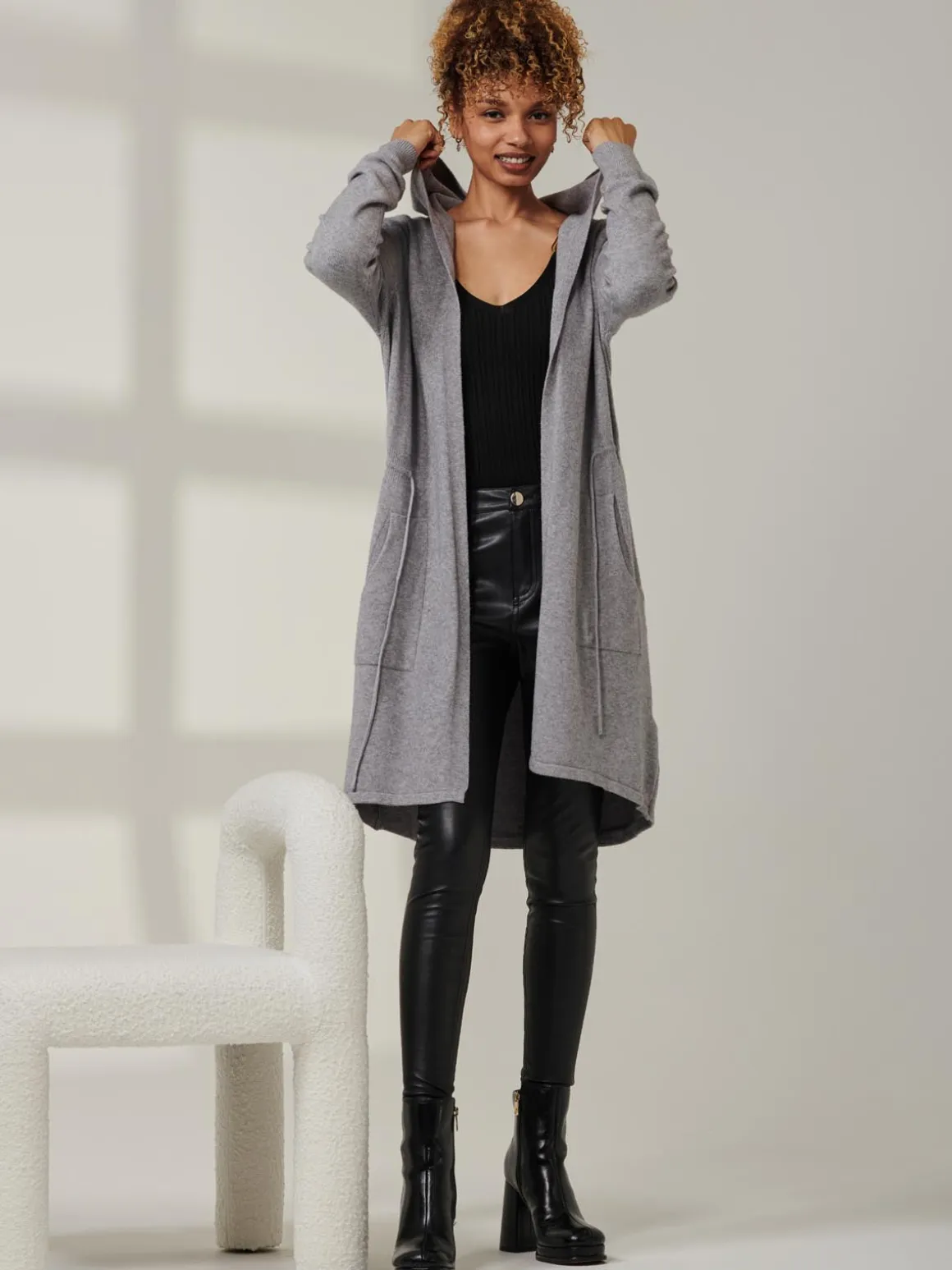 Drawstring Waist Hooded Cardigan, Dove Heather