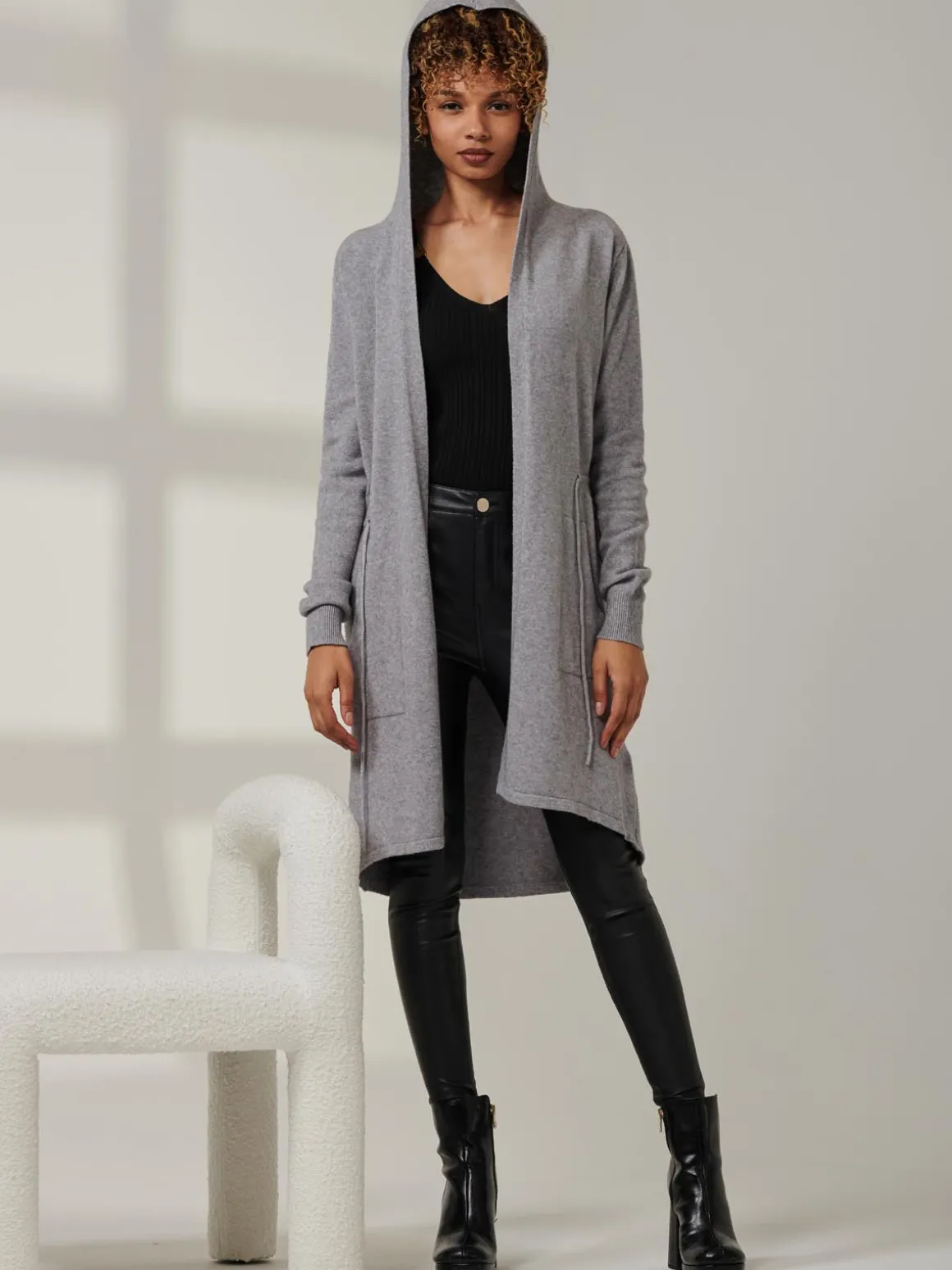 Drawstring Waist Hooded Cardigan, Dove Heather