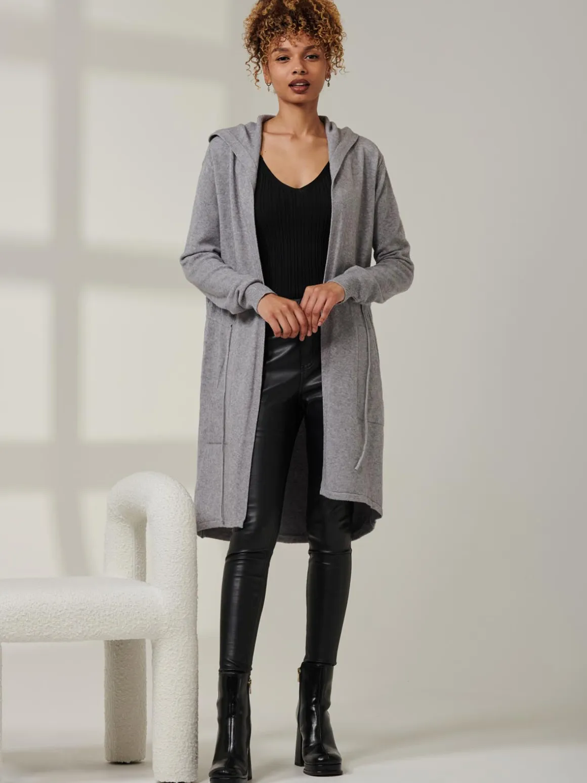 Drawstring Waist Hooded Cardigan, Dove Heather