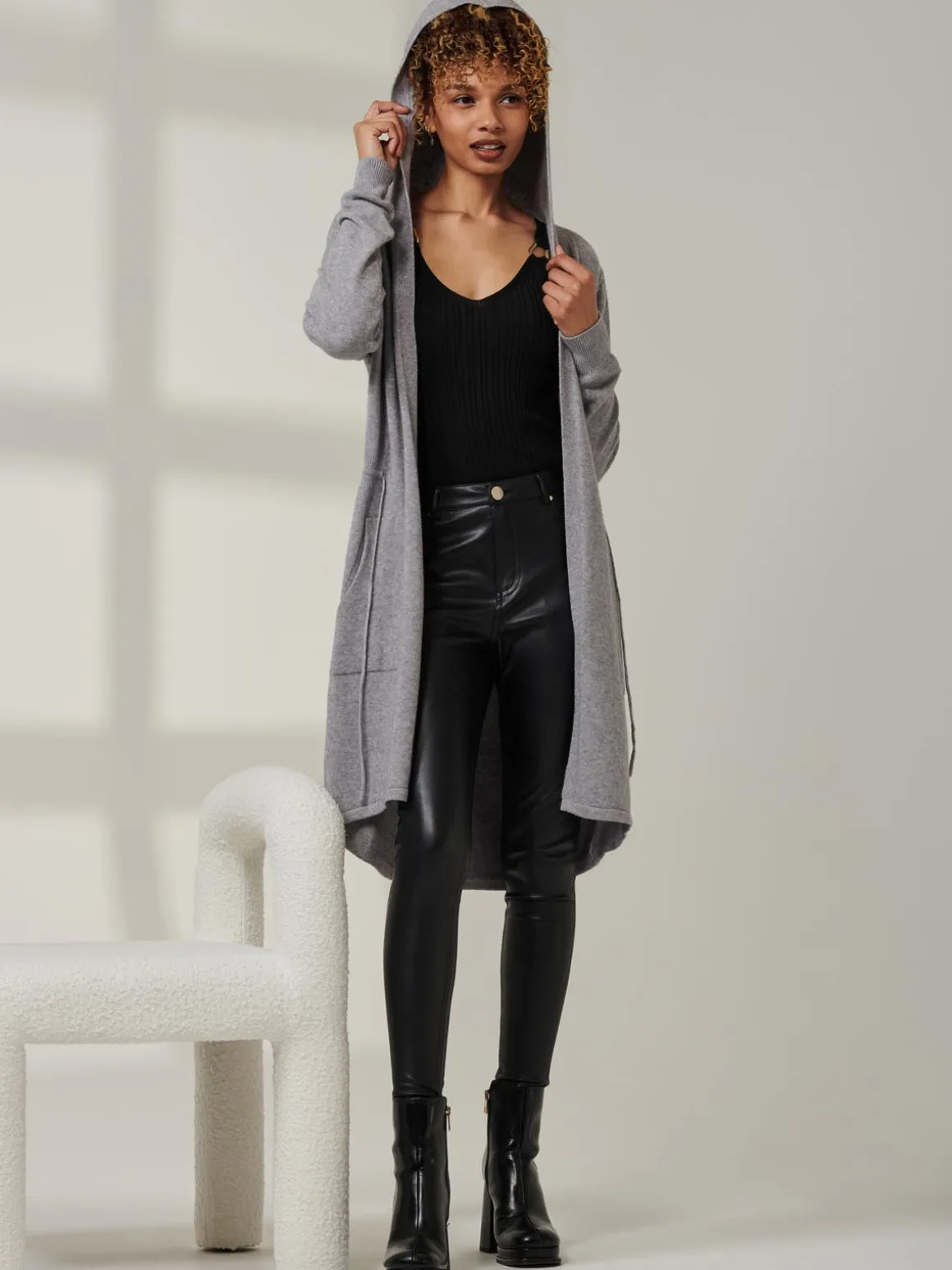 Drawstring Waist Hooded Cardigan, Dove Heather