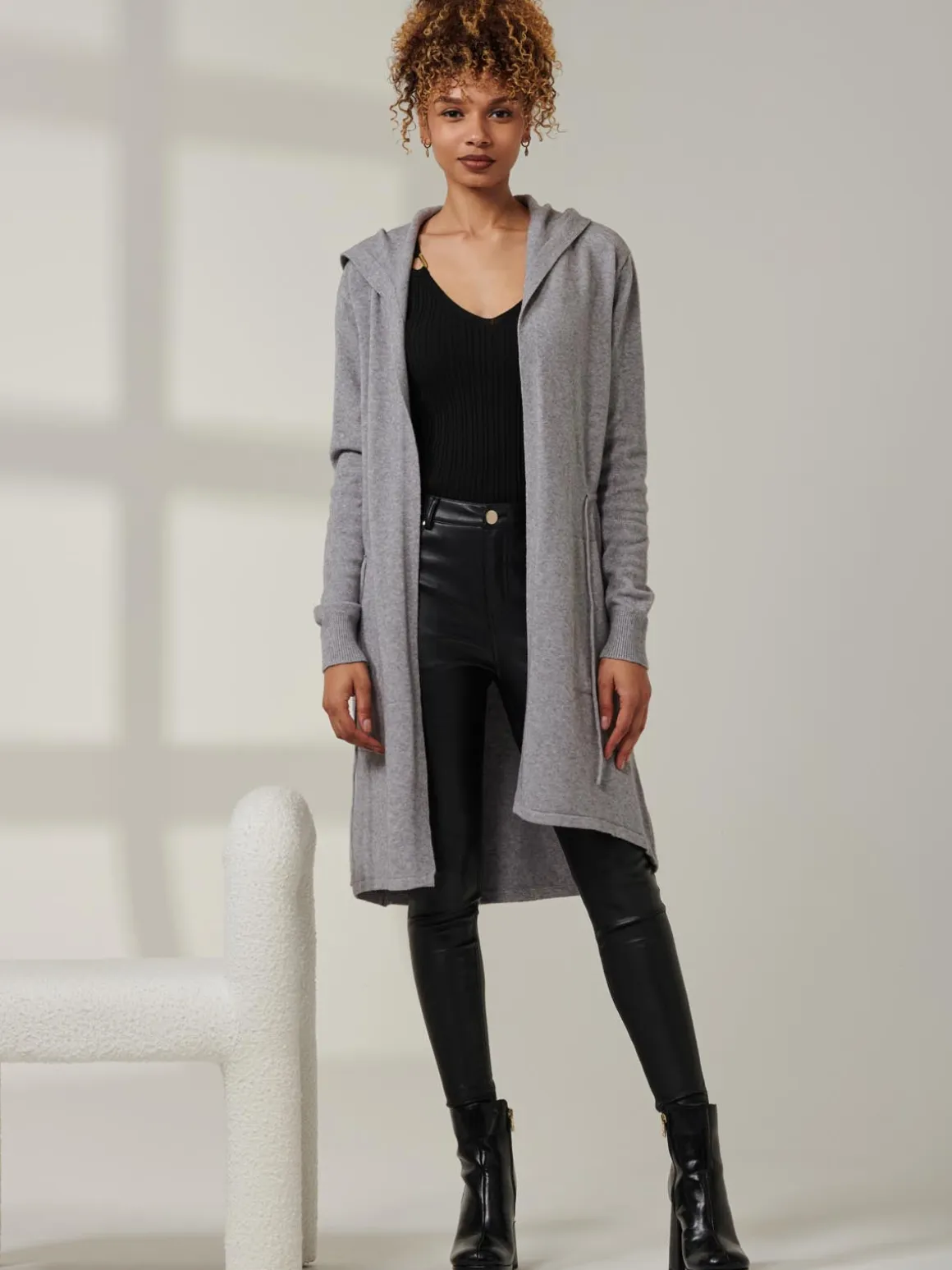Drawstring Waist Hooded Cardigan, Dove Heather