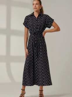 Drop Shoulder Shirt Maxi Dress, Black Star