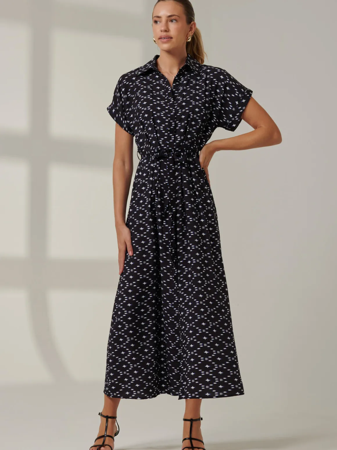 Drop Shoulder Shirt Maxi Dress, Black Star