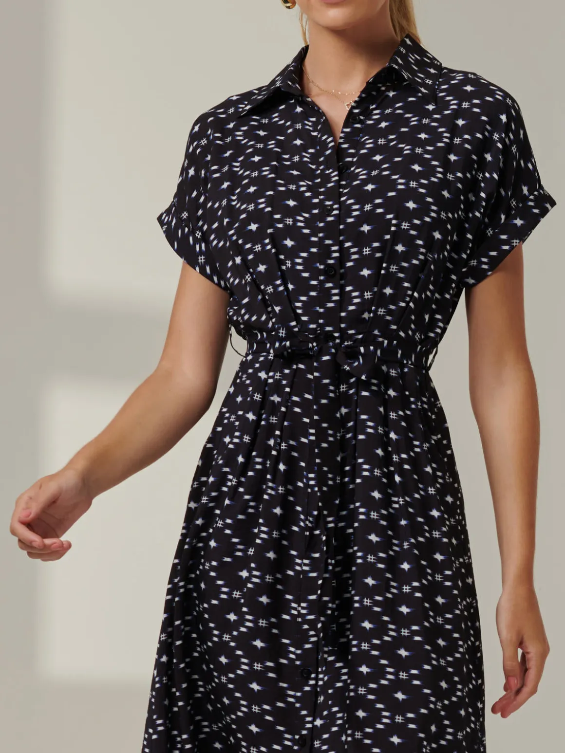 Drop Shoulder Shirt Maxi Dress, Black Star