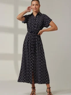Drop Shoulder Shirt Maxi Dress, Black Star