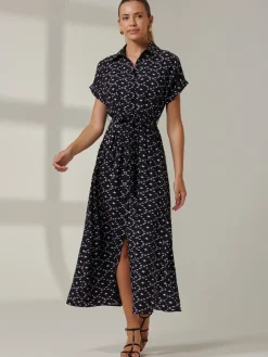Drop Shoulder Shirt Maxi Dress, Black Star