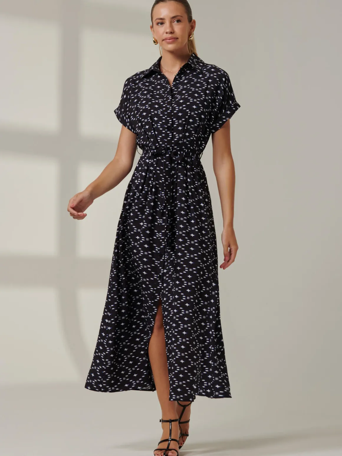 Drop Shoulder Shirt Maxi Dress, Black Star