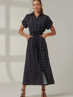 Drop Shoulder Shirt Maxi Dress, Black Star